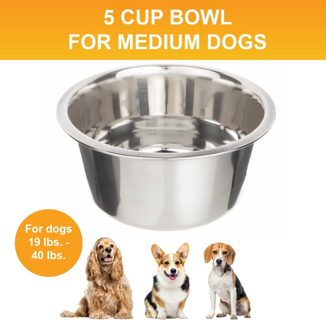 5 Cup (40 Oz.) Stainless Steel Dog Bowls, 1 Single Neater Feeder Replacement Bowl (Medium Deluxe Model), Dog Food Bowl or Water Bowls, Dishwasher Safe Metal Dish for Medium Dogs
