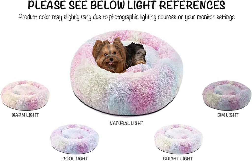 Donut Dog Bed Faux Fur Fluffy Calming Sofa for Large Dogs, Soft & Plush anti Anxiety Pet Couch for Dogs, Machine Washable Coco Pet Bed with Non-Slip Bottom, 36"X36"X8" Rainbow